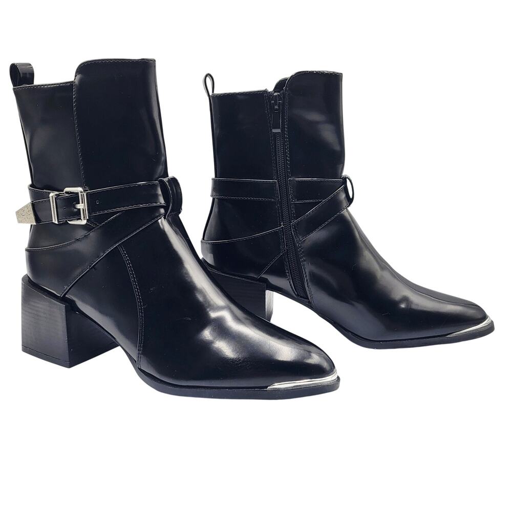 RAID Poppy Black Faux Patent Leather Western Buckle Detail Boots Women's Size 7.